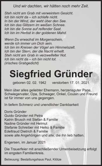 Traueranzeige von Siegfried Gründer  von Magdeburger Volksstimme