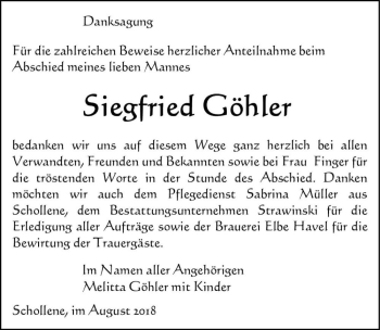 Traueranzeige von Siegfried Göhler  von Magdeburger Volksstimme