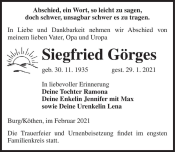 Traueranzeige von Siegfried Görges  von Magdeburger Volksstimme