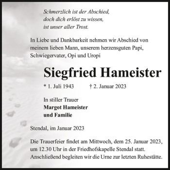 Traueranzeige von Siegfried Hameister  von Magdeburger Volksstimme