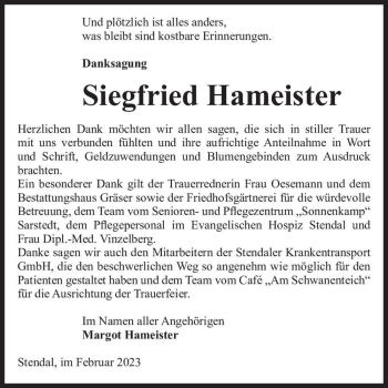 Traueranzeige von Siegfried Hameister  von Magdeburger Volksstimme