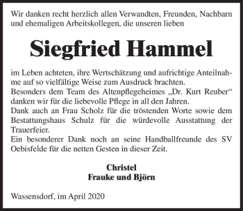 Traueranzeige von Siegfried Hammel  von Magdeburger Volksstimme
