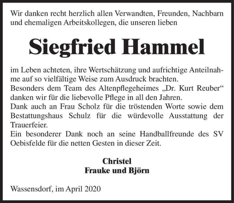  Traueranzeige für Siegfried Hammel  vom 25.04.2020 aus Magdeburger Volksstimme