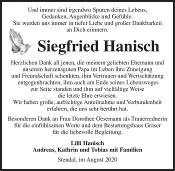 Traueranzeige von Siegfried Hanisch  von Magdeburger Volksstimme