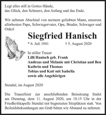 Traueranzeige von Siegfried Hanisch  von Magdeburger Volksstimme