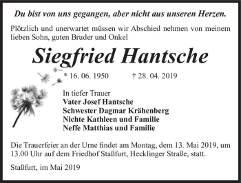 Traueranzeige von Siegfried Hantsche  von Magdeburger Volksstimme