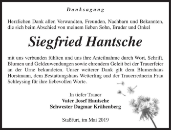 Traueranzeige von Siegfried Hantsche  von Magdeburger Volksstimme