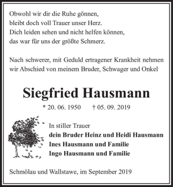 Traueranzeige von Siegfried Hausmann  von Magdeburger Volksstimme