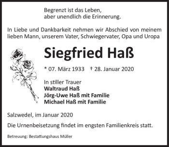 Traueranzeige von Siegfried Haß  von Magdeburger Volksstimme