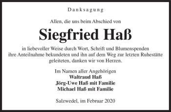 Traueranzeige von Siegfried Haß  von Magdeburger Volksstimme
