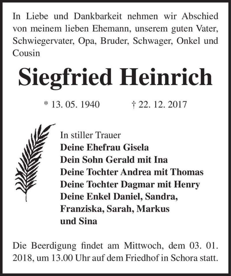  Traueranzeige für Siegfried Heinrich  vom 30.12.2017 aus Magdeburger Volksstimme