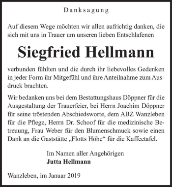 Traueranzeige von Siegfried Hellmann  von Magdeburger Volksstimme