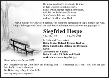 Traueranzeige von Siegfried Hespe  von Magdeburger Volksstimme