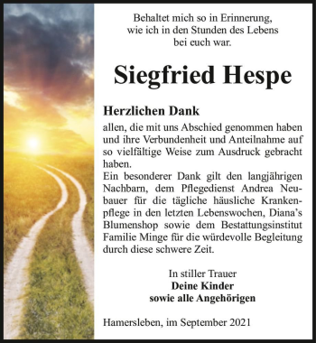 Traueranzeige von Siegfried Hespe  von Magdeburger Volksstimme