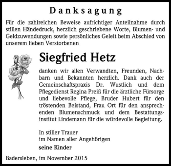 Traueranzeige von Siegfried Hetz  von Magdeburger Volksstimme