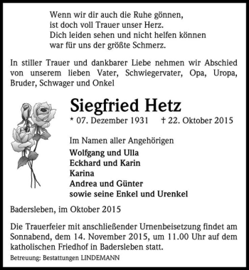 Traueranzeige von Siegfried Hetz  von Magdeburger Volksstimme