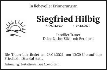 Traueranzeige von Siegfried Hilbig  von Magdeburger Volksstimme
