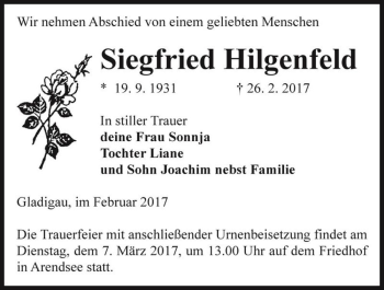 Traueranzeige von Siegfried Hilgenfeld  von Magdeburger Volksstimme