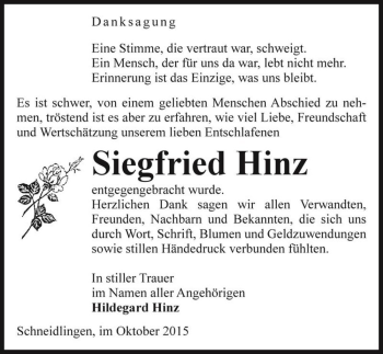 Traueranzeige von Siegfried Hinz  von Magdeburger Volksstimme