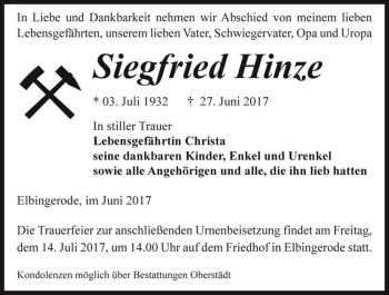 Traueranzeige von Siegfried Hinze  von Magdeburger Volksstimme