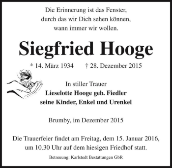 Traueranzeige von Siegfried Hooge  von Magdeburger Volksstimme