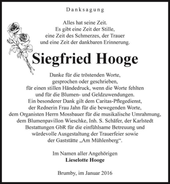 Traueranzeige von Siegfried Hooge  von Magdeburger Volksstimme