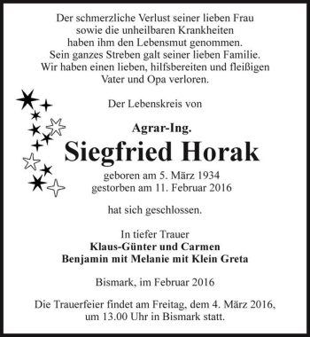 Traueranzeige von Siegfried Horak  von Magdeburger Volksstimme
