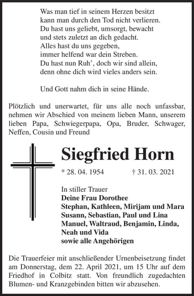  Traueranzeige für Siegfried Horn  vom 17.04.2021 aus Magdeburger Volksstimme