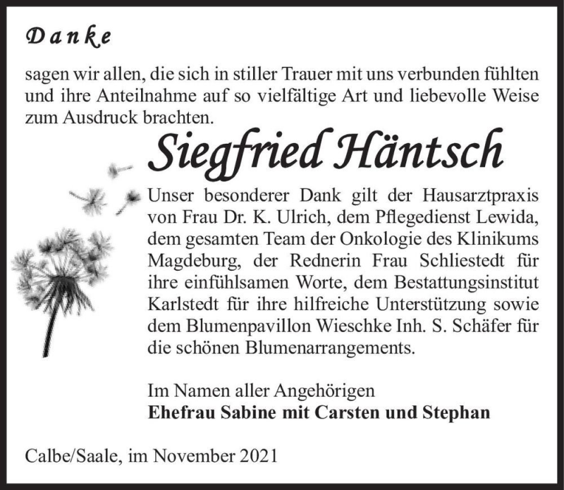  Traueranzeige für Siegfried Häntsch  vom 27.11.2021 aus Magdeburger Volksstimme
