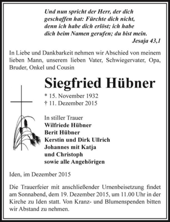 Traueranzeige von Siegfried Hübner  von Magdeburger Volksstimme