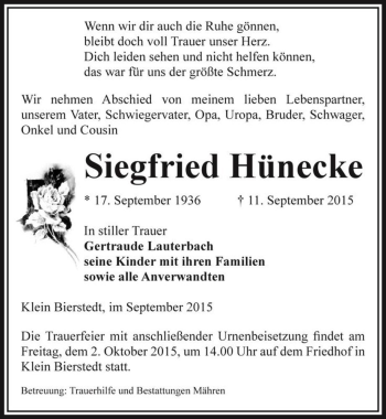 Traueranzeige von Siegfried Hünecke  von Magdeburger Volksstimme