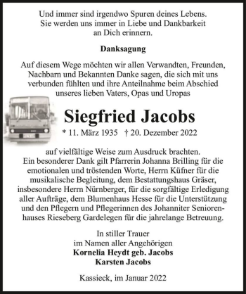 Traueranzeige von Siegfried Jacobs  von Magdeburger Volksstimme
