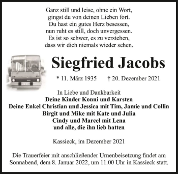Traueranzeige von Siegfried Jacobs  von Magdeburger Volksstimme
