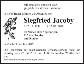 Traueranzeige von Siegfried Jacoby  von Magdeburger Volksstimme