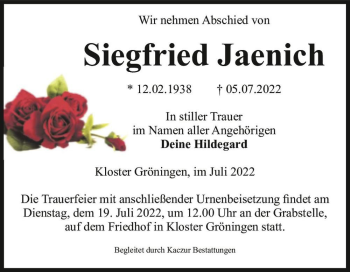 Traueranzeige von Siegfried Jaenich  von Magdeburger Volksstimme