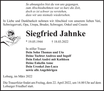 Traueranzeige von Siegfried Jahnke  von Magdeburger Volksstimme
