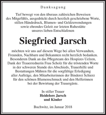 Traueranzeige von Siegfried Jarsch  von Magdeburger Volksstimme