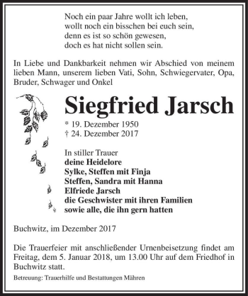 Traueranzeige von Siegfried Jarsch  von Magdeburger Volksstimme