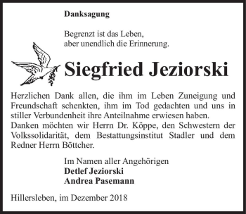 Traueranzeige von Siegfried Jeziorski  von Magdeburger Volksstimme