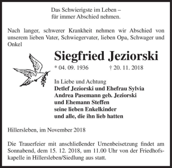 Traueranzeige von Siegfried Jeziorski  von Magdeburger Volksstimme