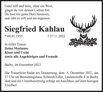 Traueranzeige von Siegfried Kahlau  von Magdeburger Volksstimme