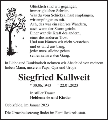Traueranzeige von Siegfried Kallweit  von Magdeburger Volksstimme