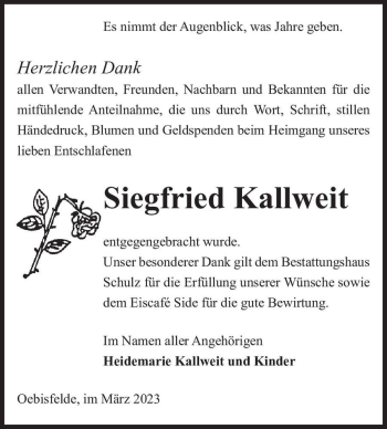Traueranzeige von Siegfried Kallweit  von Magdeburger Volksstimme