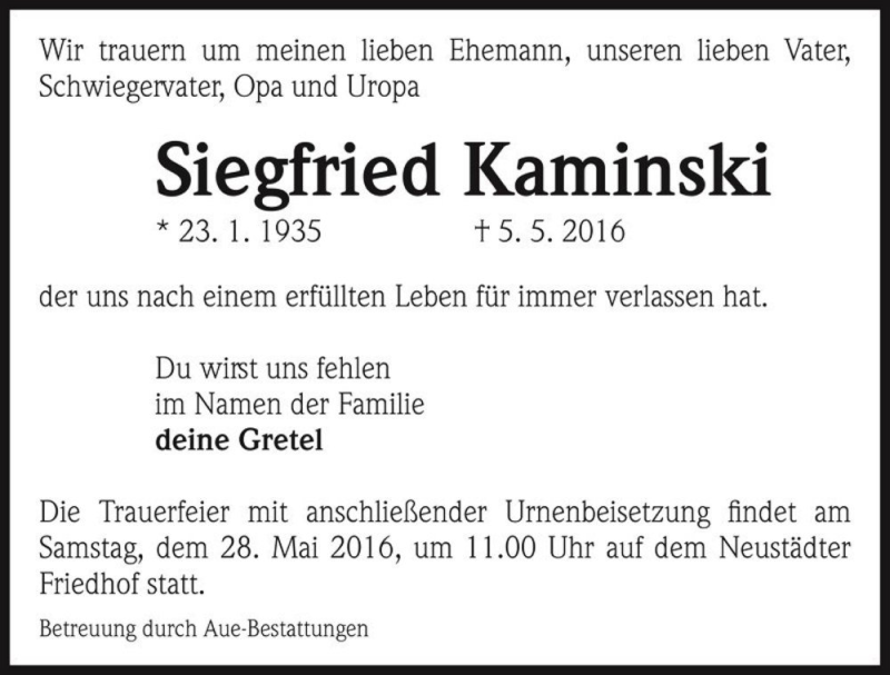  Traueranzeige für Siegfried Kaminski  vom 14.05.2016 aus Magdeburger Volksstimme