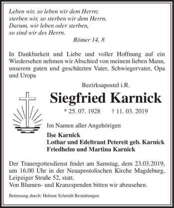 Traueranzeige von Siegfried Karnick  von Magdeburger Volksstimme