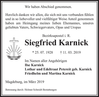 Traueranzeige von Siegfried Karnick  von Magdeburger Volksstimme