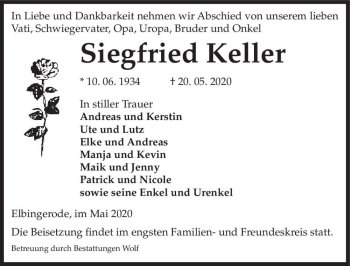 Traueranzeige von Siegfried Keller  von Magdeburger Volksstimme