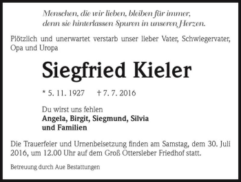 Traueranzeige von Siegfried Kieler  von Magdeburger Volksstimme