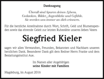 Traueranzeige von Siegfried Kieler  von Magdeburger Volksstimme