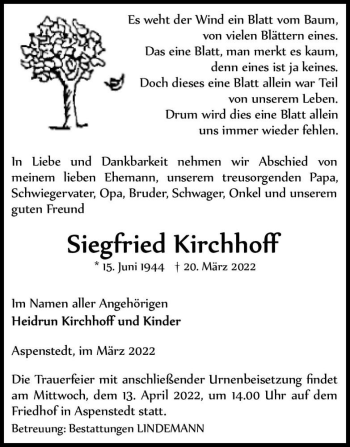 Traueranzeige von Siegfried Kirchhoff  von Magdeburger Volksstimme